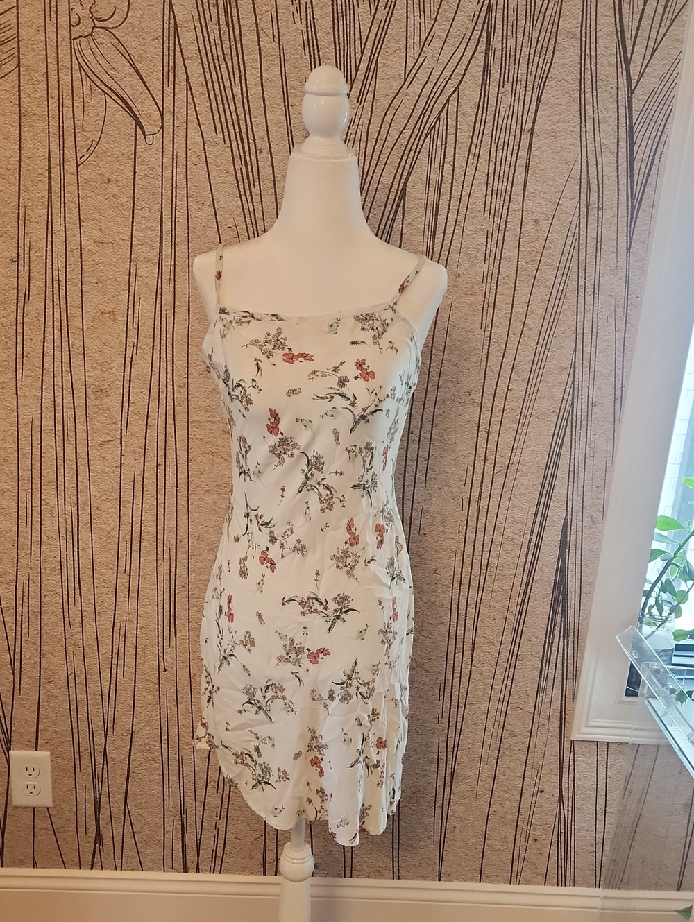 Anthropologie White Floral Slip Dress with Pink & Green Blooms